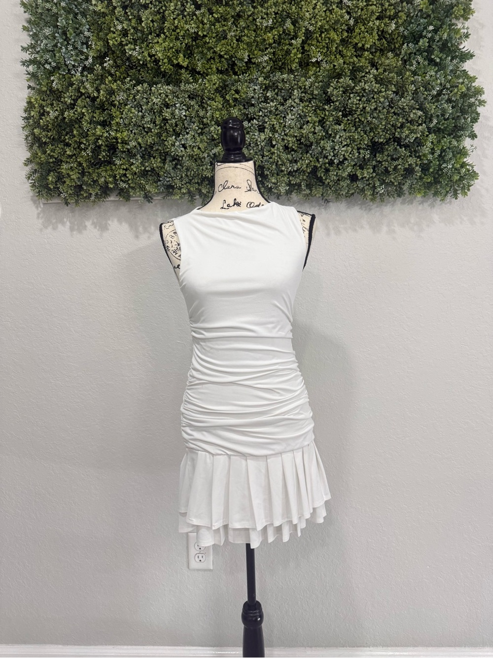 SHEIN White Ruched Ruffle Hem Mini Dress Size S